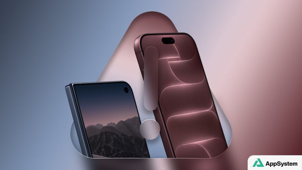 Rendu de deux smartphones, dont un modèle pliable aux écrans ouverts