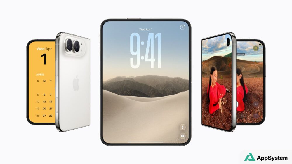 Rendu de l’iPhone Duo montrant plusieurs orientations et écrans