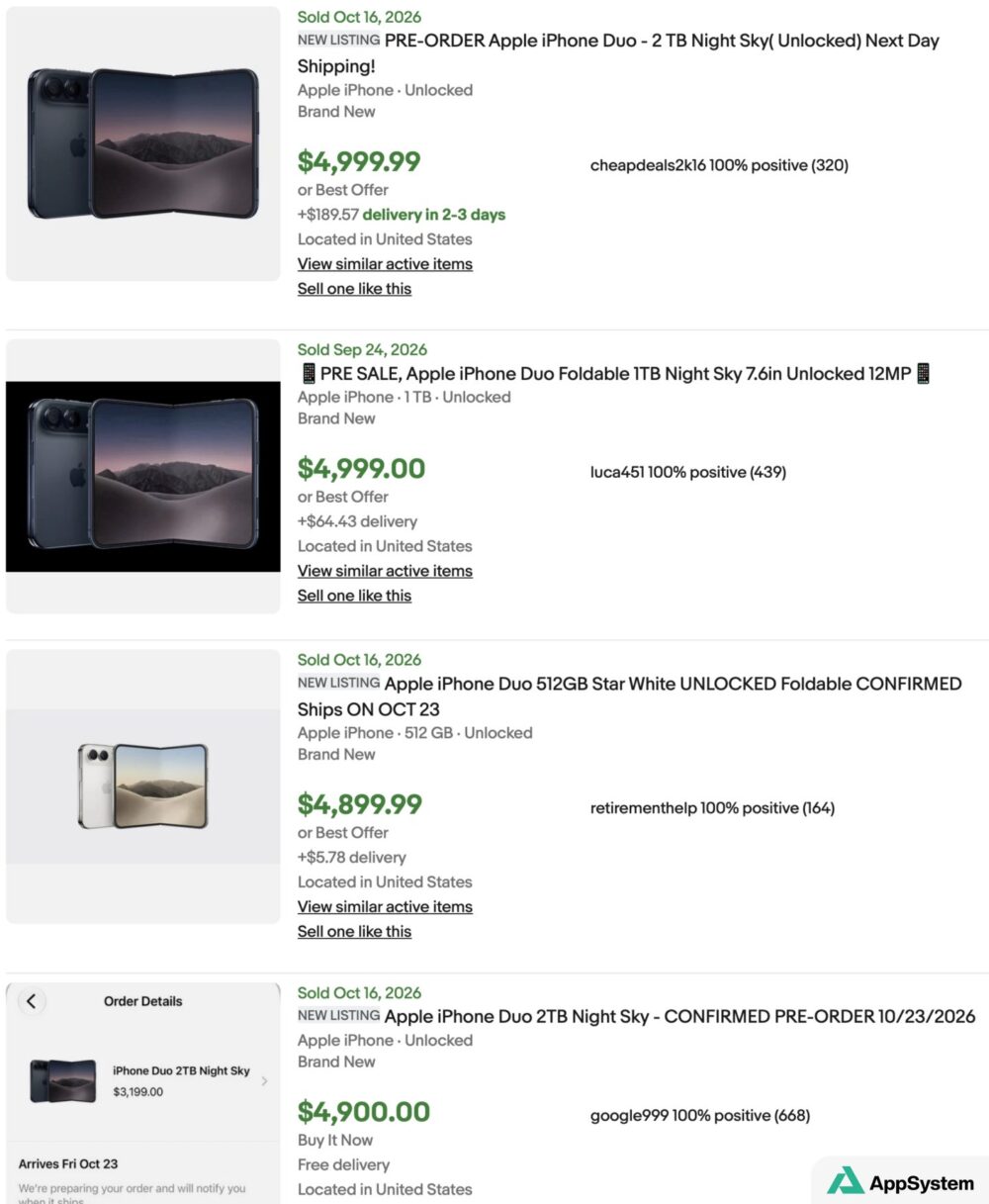 Annonces eBay montrant des iPhone Duo vendus près de 5 000 dollars