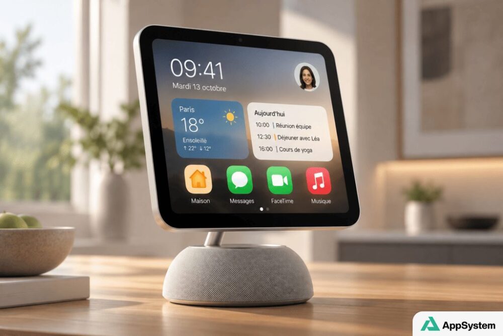 Rendu d’un écran Home Hub Apple posé sur un haut-parleur