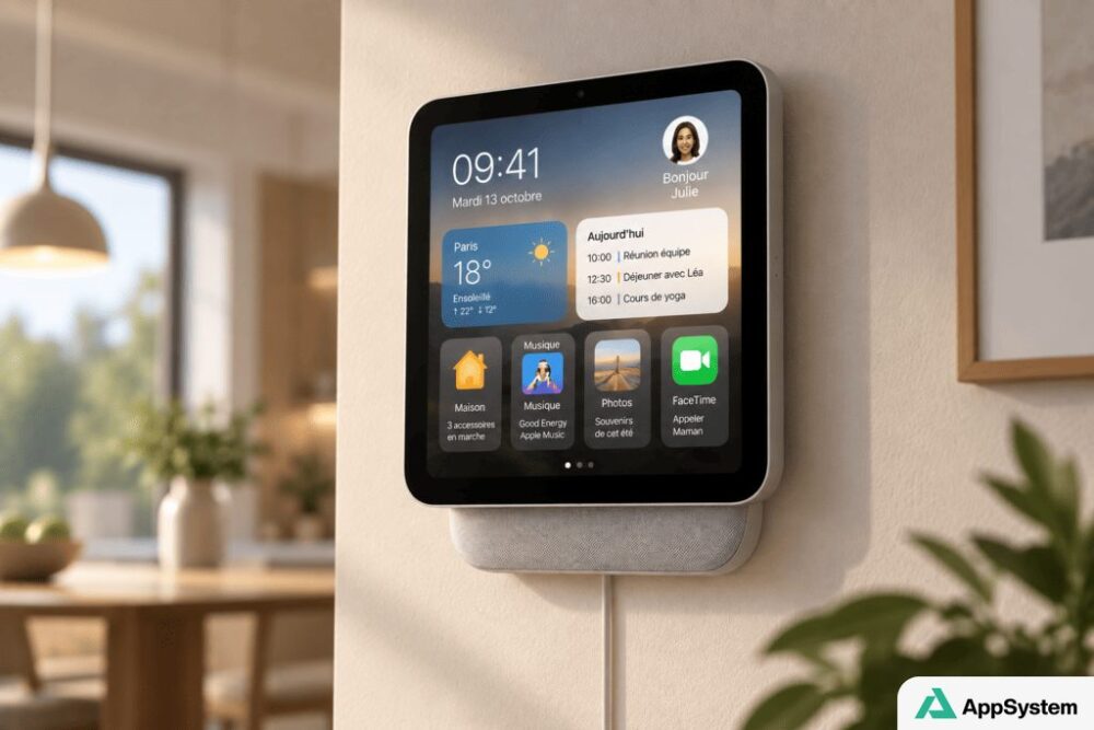 Rendu d’un écran Home Hub Apple fixé au mur