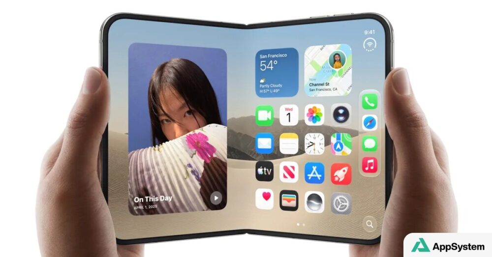 iPhone pliable ouvert affichant l’écran d’accueil iOS