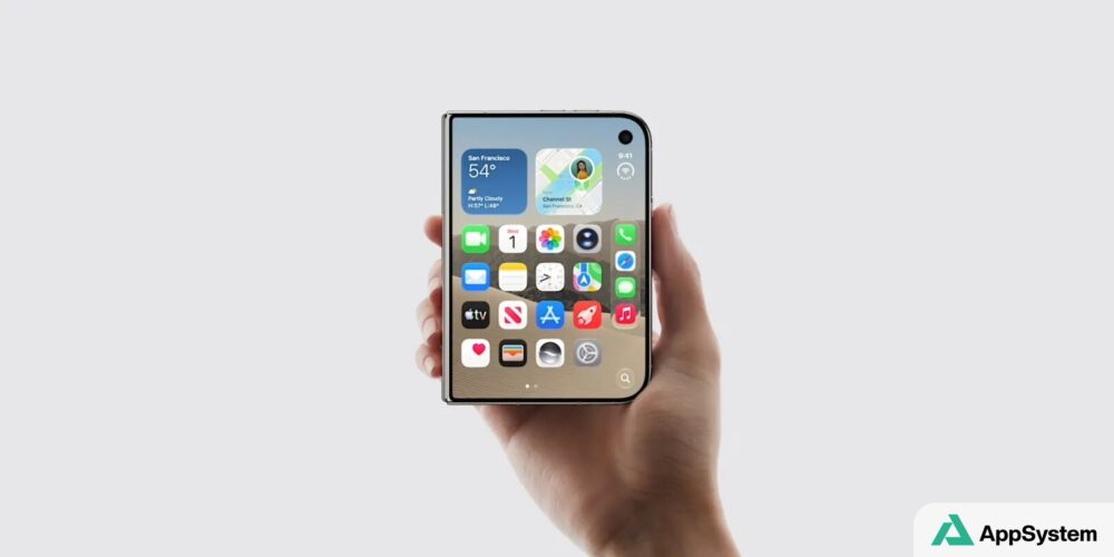 iPhone Duo pliable présenté ouvert, écran d’accueil visible
