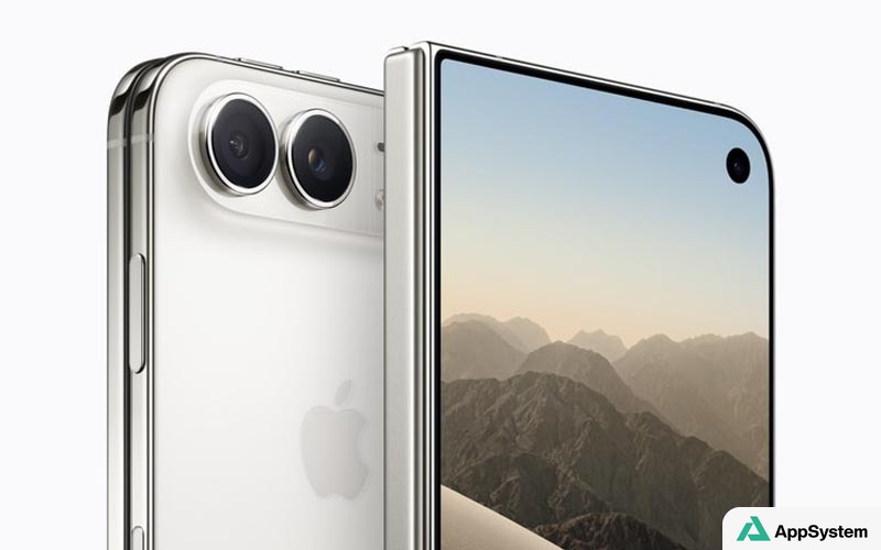 Rendu d’un iPhone pliant Apple ouvert, montrant ses caméras et son écran