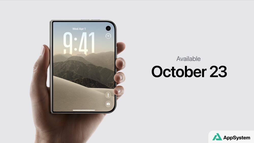 iPhone pliable ouvert affichant une interface photo, tenu par une main