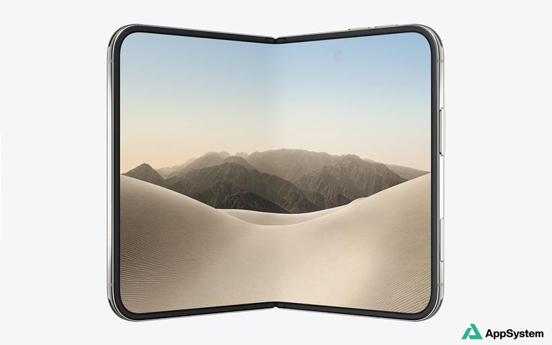 Rendu d’un iPhone Duo pliable affichant un paysage désertique