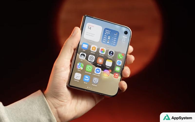 iPhone Duo tenu en main, écran d’accueil visible