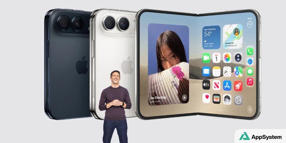Rendu d’un iPhone pliable Duo affichant son écran intérieur