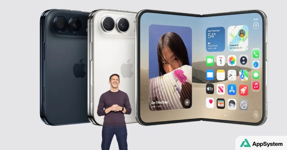 Rendu d’un iPhone pliable Duo avec écran déployé et deux appareils