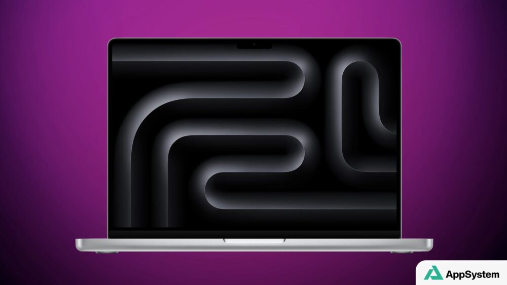 Rendu d’un MacBook affichant un écran abstrait sombre