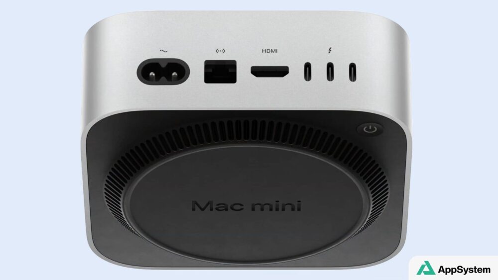 Vue inférieure du Mac mini montrant ses ports et aérations