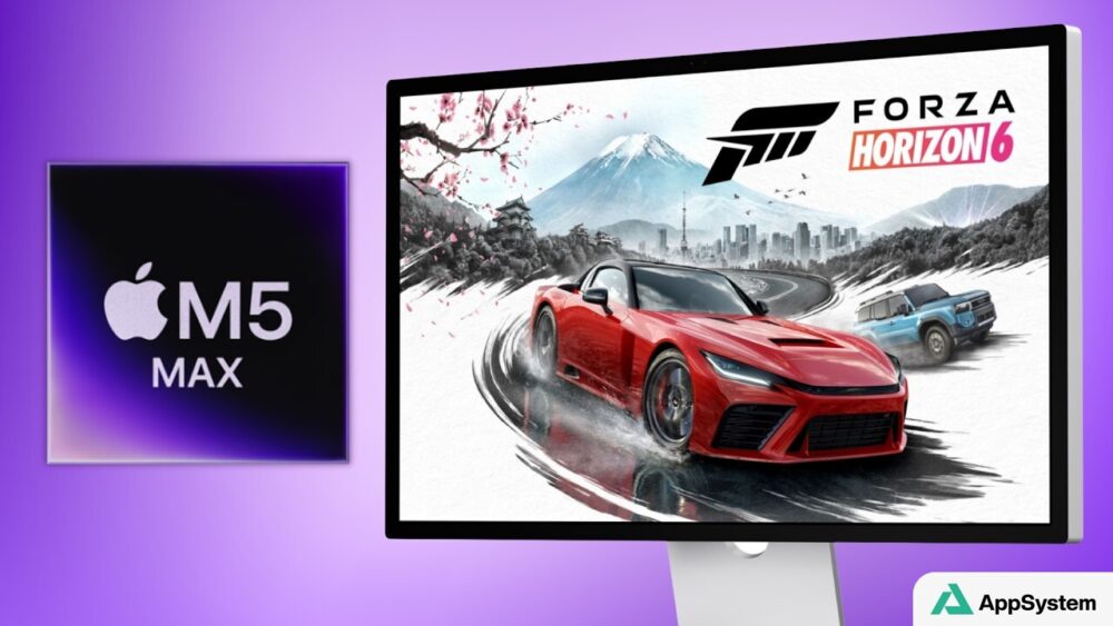 Mac équipé d’une puce M5 Max affichant le jeu Forza Horizon 6