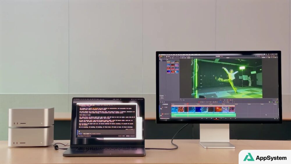 Deux Mac Studio entourent un ordinateur portable et un écran externe