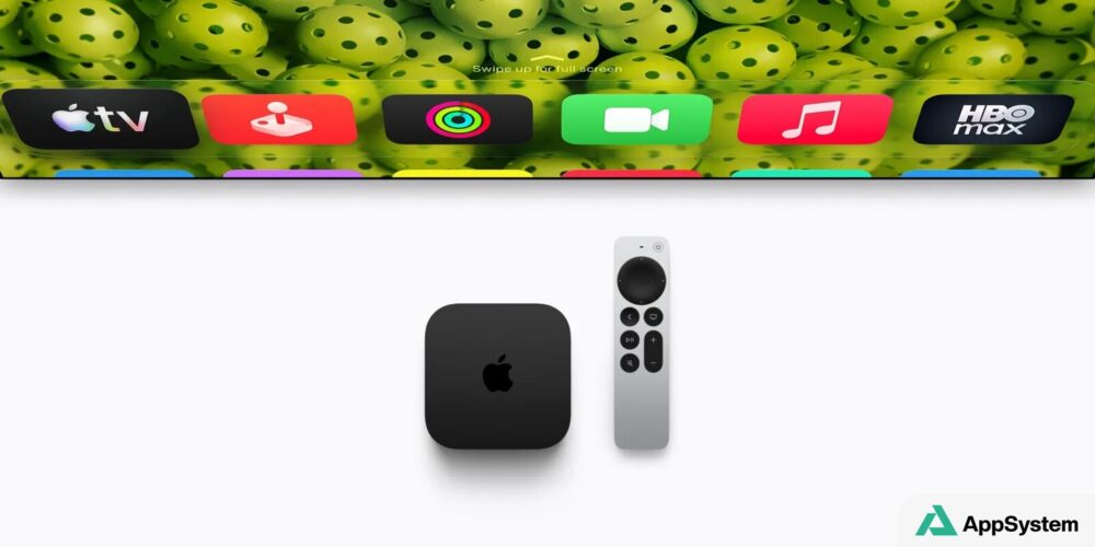 Boîtier Apple TV 4K et télécommande présentés sur fond blanc
