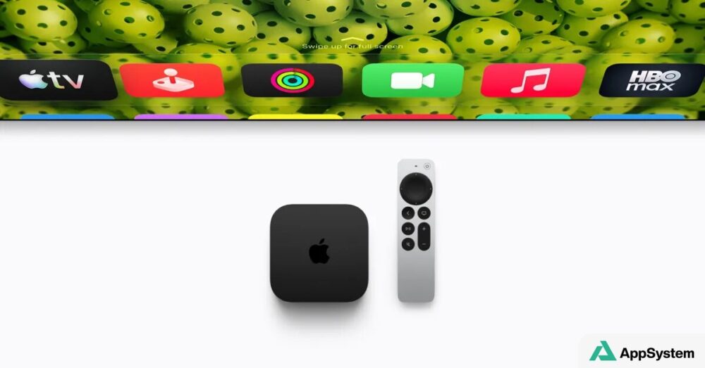 Apple TV 4K et télécommande devant l’écran d’accueil tvOS