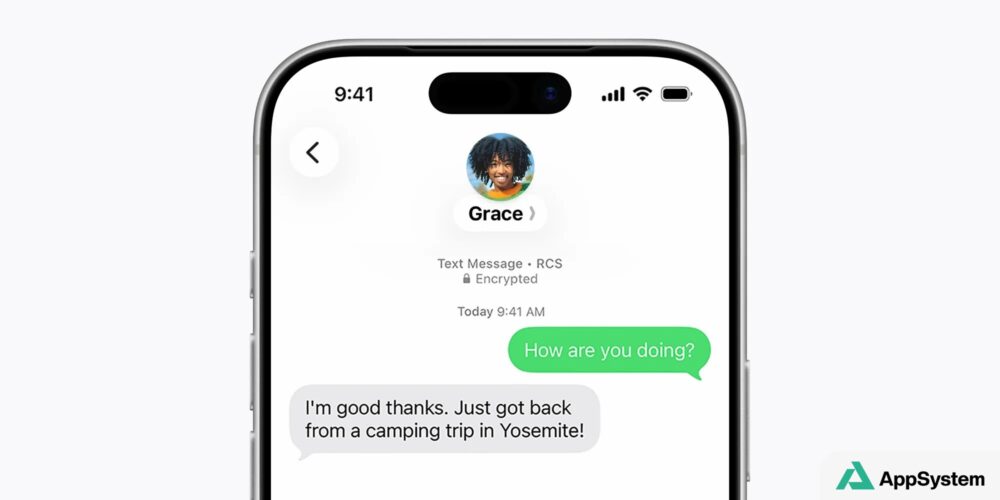 Conversation RCS affichée dans l’application Messages sur un iPhone