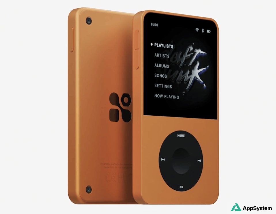 Rendu du baladeur Sudo orange, présenté de face et de dos