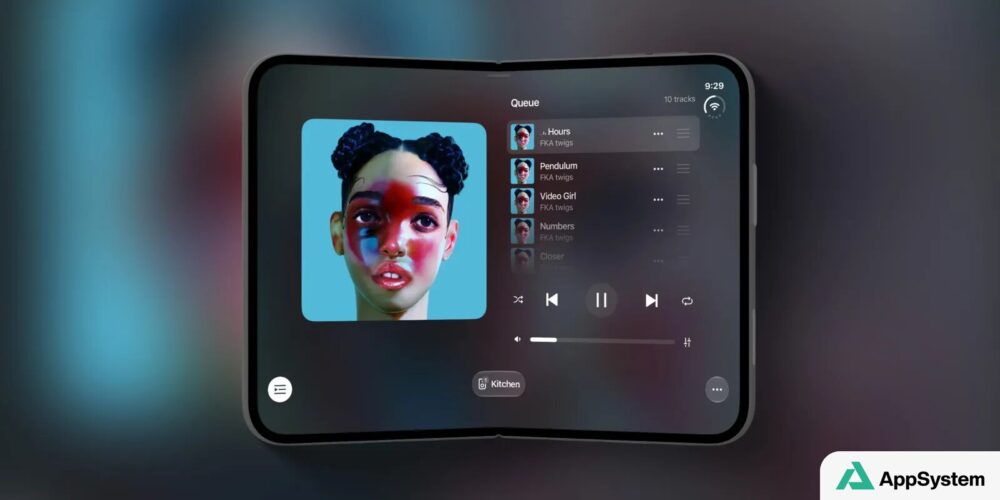 Rendu d’un iPhone pliable horizontal avec file musicale affichée