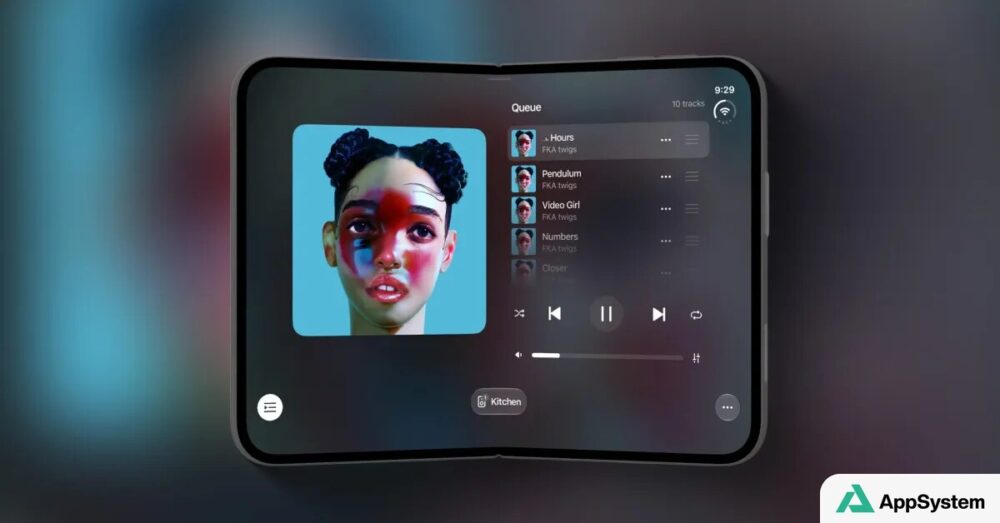 iPhone pliable horizontal affichant une interface de lecture musicale