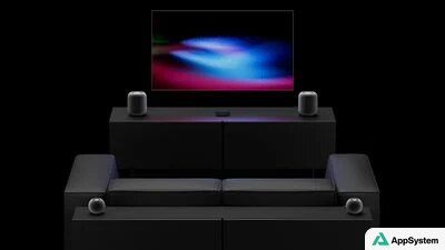 Rendu d’un salon équipé de quatre enceintes HomePod