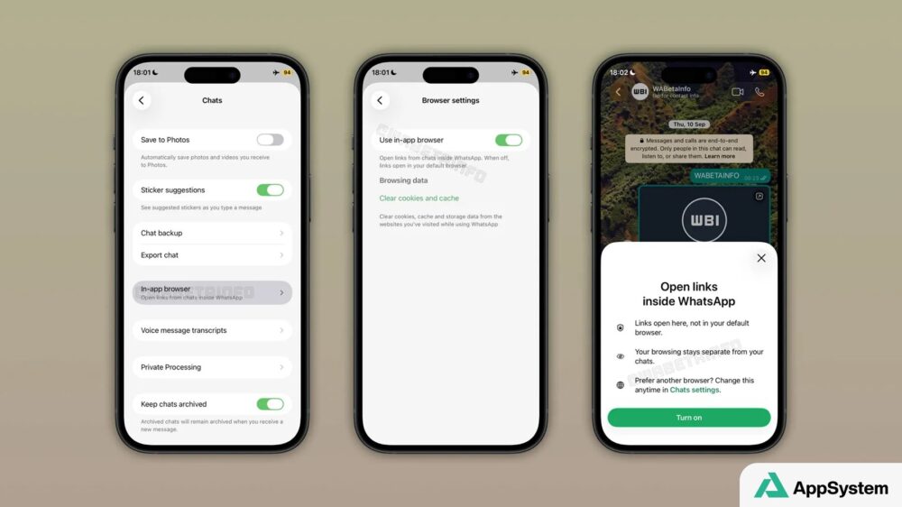 Réglages du navigateur intégré de WhatsApp sur trois écrans iPhone
